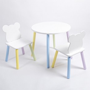 Комплект детский стол КРУГЛЫЙ и два стула МИШКА ROLTI Baby (белая столешница/белое сиденье/цветные ножки) в Пойковском - poikovskii.ok-mebel.com | фото